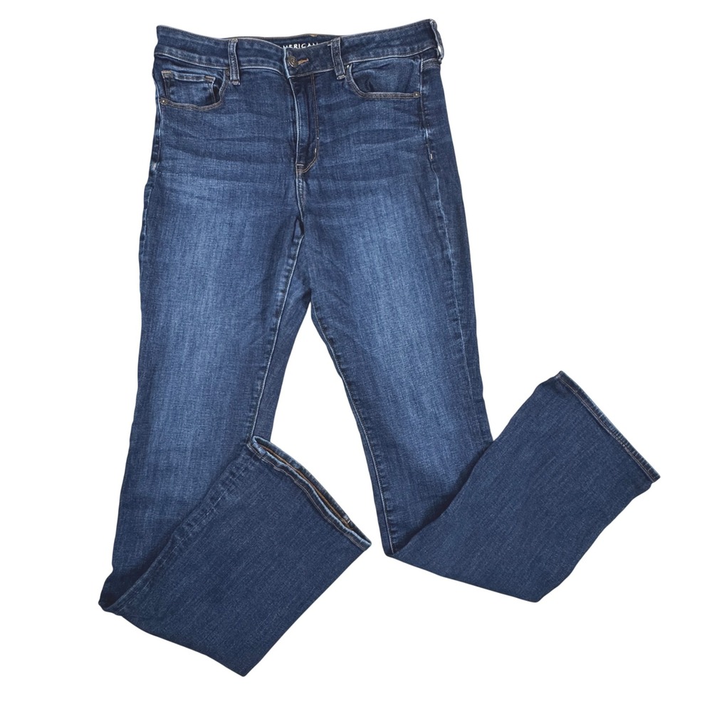 American Eagle High Rise Skinny Kick Jeans 12L Dark Wash Blue Long Flare Y2K